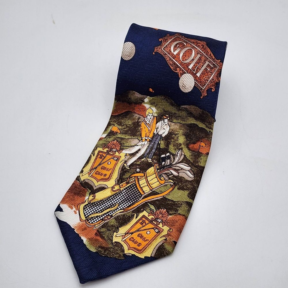 Vintage Prima Hand Made 100% Silk Men's Neck Tie‎ Made In Korea Golf Print 58"